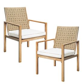 Set of 2 Patio Chairs, Hand-Made Drawstring Outdoor Dining Chairs Waterproof with Cushion, Metal Chairs for Patio, Deck, Garden, Yard - Wood Grai
