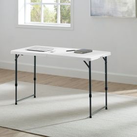 White 4 Foot Adjustable Height Folding Plastic Table, Easy Fold, Indoor Outdoor, 5-Year Warranty, Resistant to Scratch, Stain & UV Damage