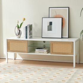 54.33" Rattan TV cabinet with variable color light strip, double sliding doors for storage, adjustable shelf, metal legs, TV console for living r