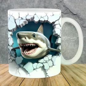 1pc 3D Shark Breaking Through Wall Ceramic Mug - 11oz White Coffee Cup with Vibrant Shark