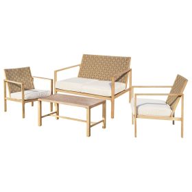 4 Pieces Metal Patio Furniture Set, Hand-Made Drawstring Outdoor Patio Conversation Sets Outside loveseat with Soft Cushion for Garden, Backyard (Main Material: Iron, Main Color: Wood)