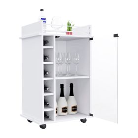 Huali Bar Cart, Six Built-in Wine Rack, Glass Door, Four Casters, Two Shelves (Color: White)